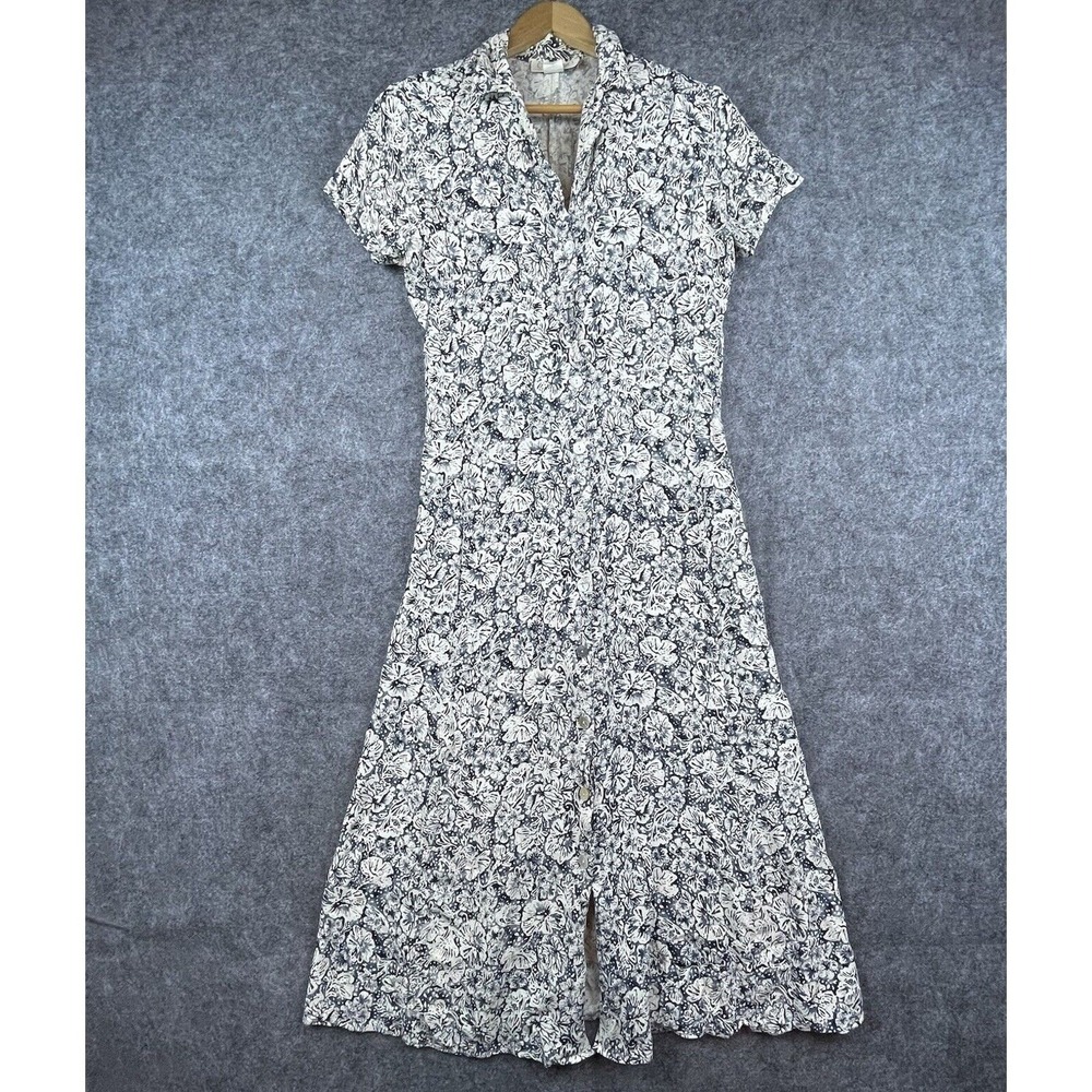 Vintage Cameo Dress Womens Large Blue White Flowers Country Farm Secretary